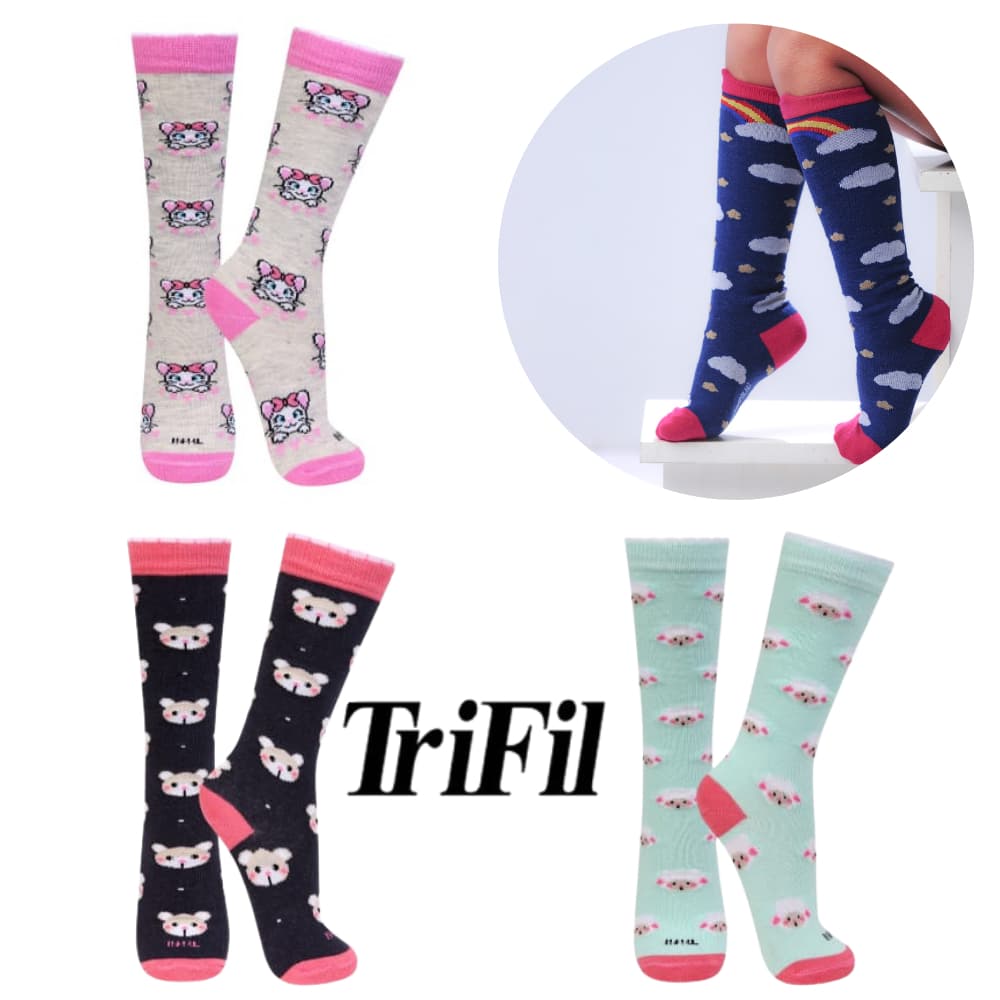 3 Pares Meia 3/4 Cano Longo Alto Galocha Menina Infantil Estampada Colorida Trifil