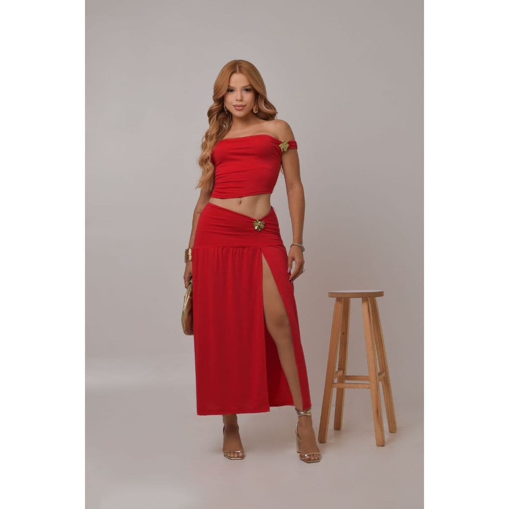 Conjunto Feminino Longo Top Cropped Gola Assimétrica e Saia Longa Com Fenda Moda Gringa Elegante Luxo Tendencia Glamour