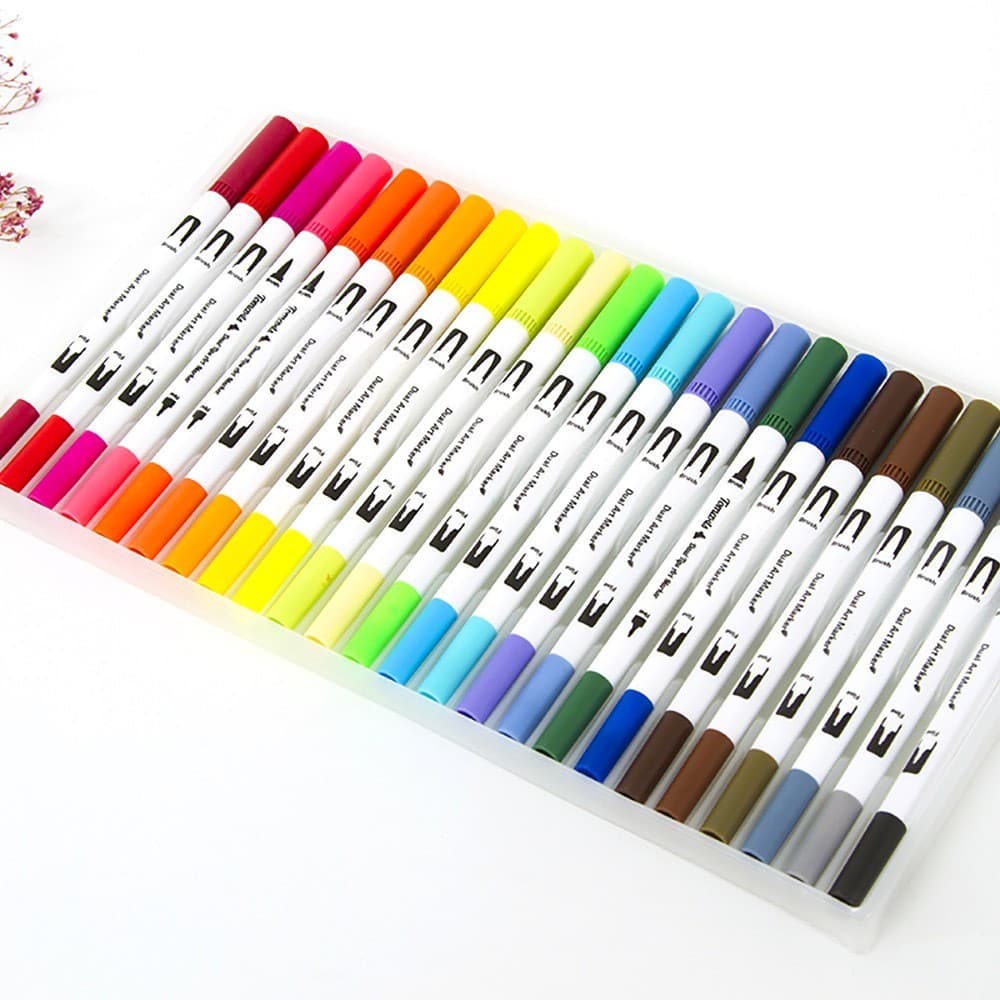 Kit 48 Caneta 2 em 1 Brush Lettering e Ponta Fina Dual Pen Canetinha Colorir Desenho