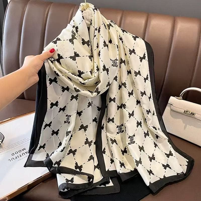 XT Lenço xale e cachecol feminino em cetim de seda com Estampa de laço, 90x180cm