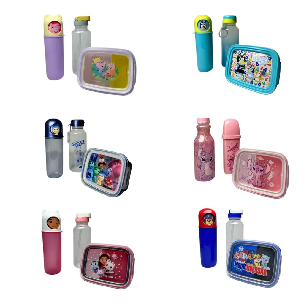 Kit Infantil Marmita Hermética Trava Garrafa Lanche Personagens Divertidamente Angel Peppa Bluey Gabby Patrulha Canina