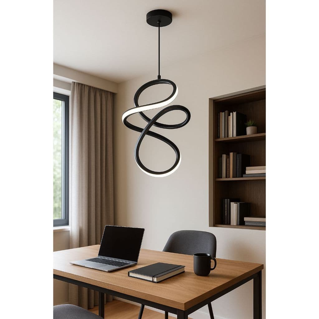 Luminária Pendente LED Espiral Moderna Preta Sala Quarto Escritório Design Minimalista Teto Bivolt