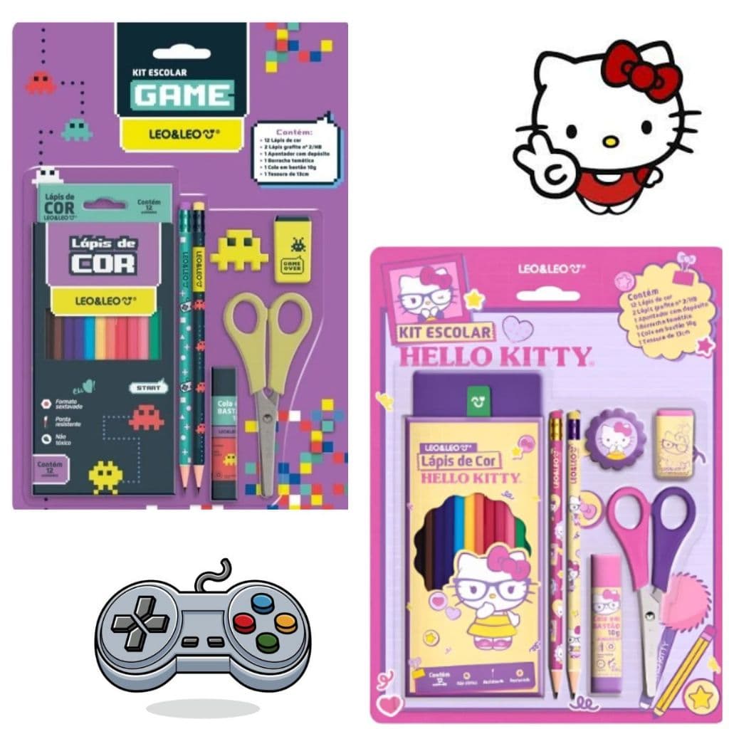 Kit Escolar Completo Leo&Leo Lápis de Cor Tesoura Borracha 18 itens game hello kitty