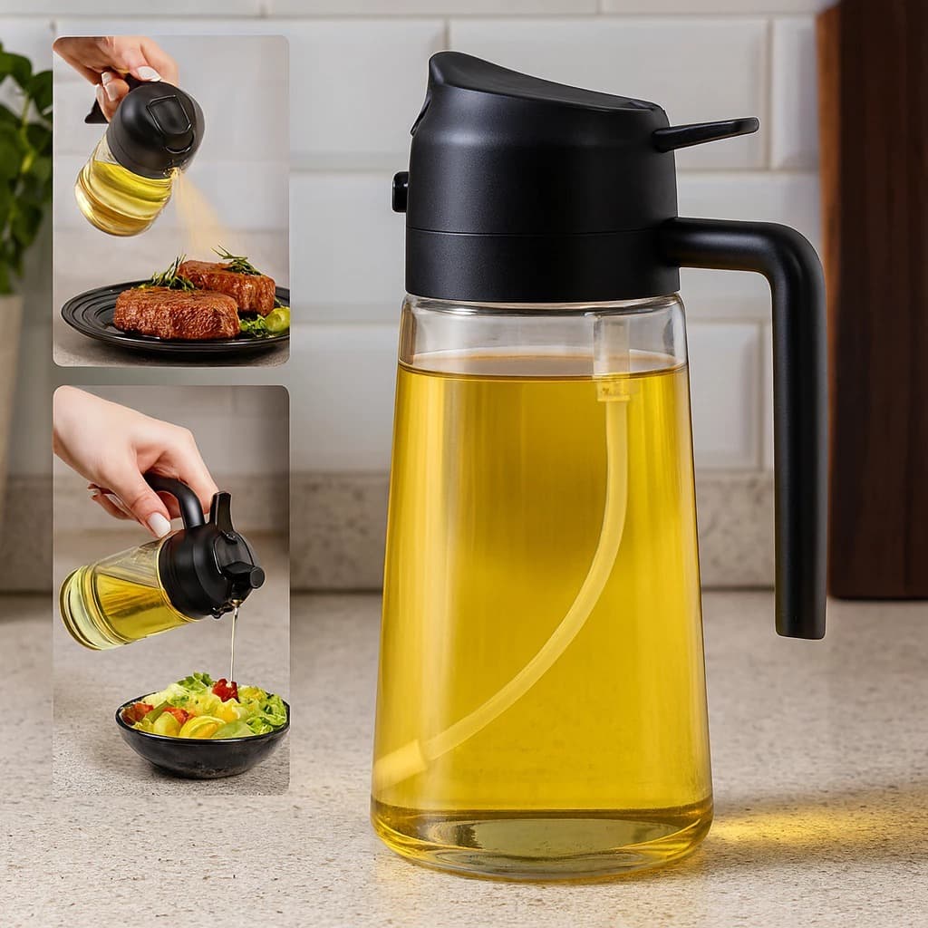 Borrifador Porta Azeite Vinagre Vidro 450ml Preto Dispenser Spray Azeiteiro Galheteiro 2 em 1