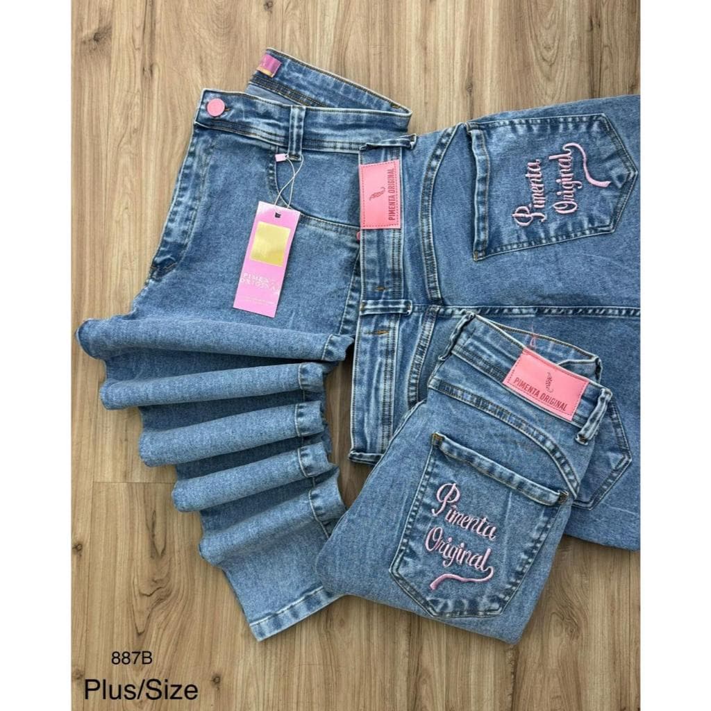 Calça Jeans Feminina Plus Size Cintura Alta Sal E Pimenta