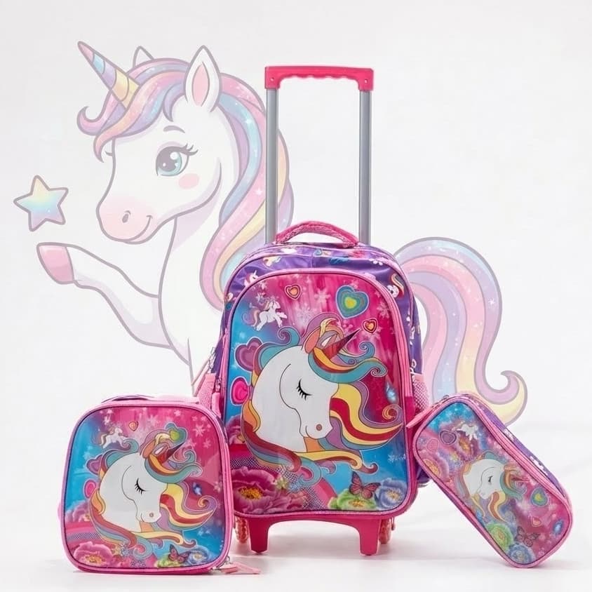 Kit Mochila Infantil Escolar Menina Unicórnio Mochila de Carrinho + Lancheira Térmica + Estojo Duplo