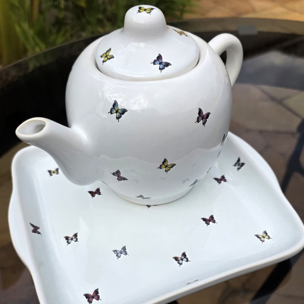 Conjunto Bule e Prato Servir Chá Café da Tarde Decoração Decorativo Bule Cerâmica Mesa Elegante Mesa Posta Borboletas