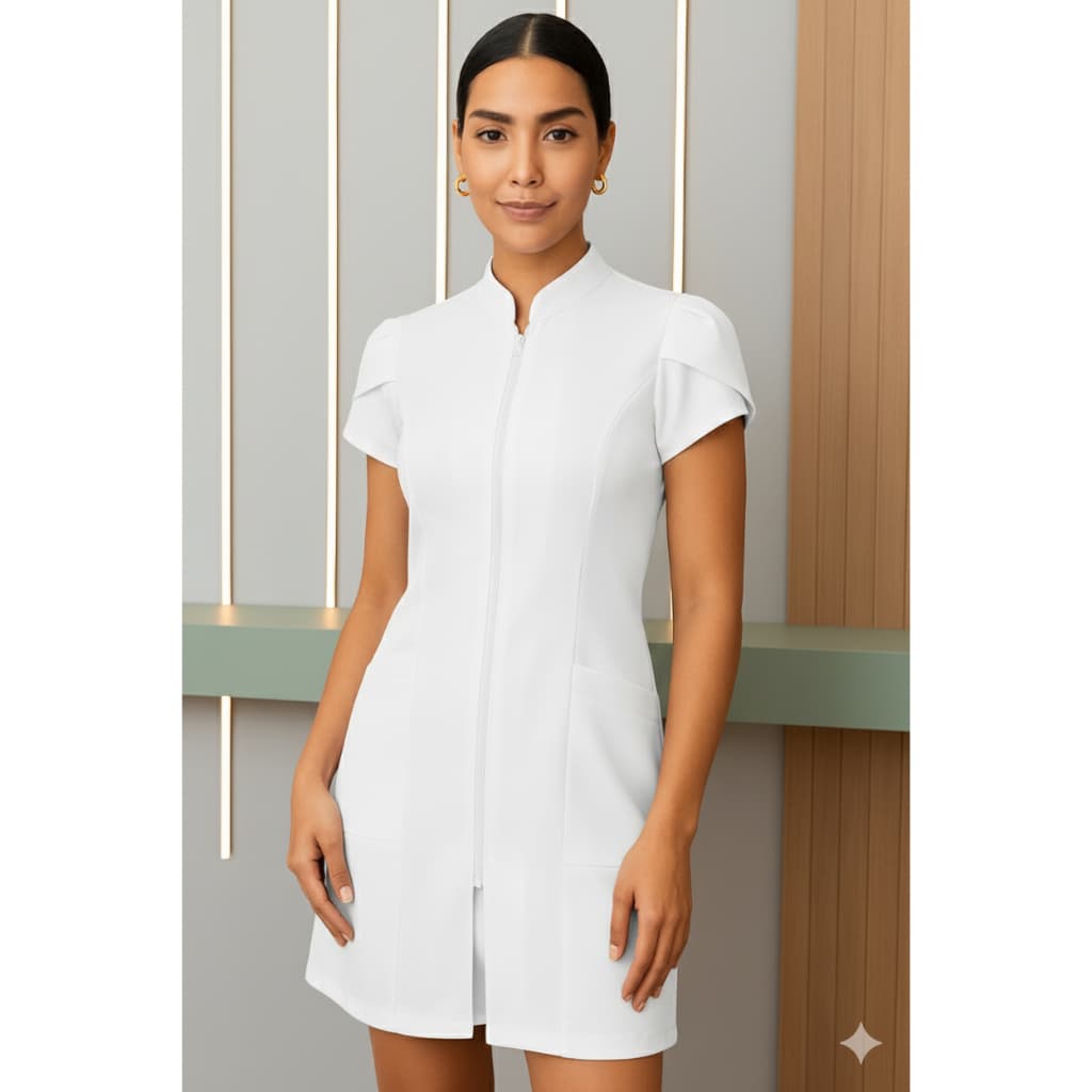 Jaleco Feminino Manga Curta Tulipa Ziper Gabardine Enfermagem Estetica