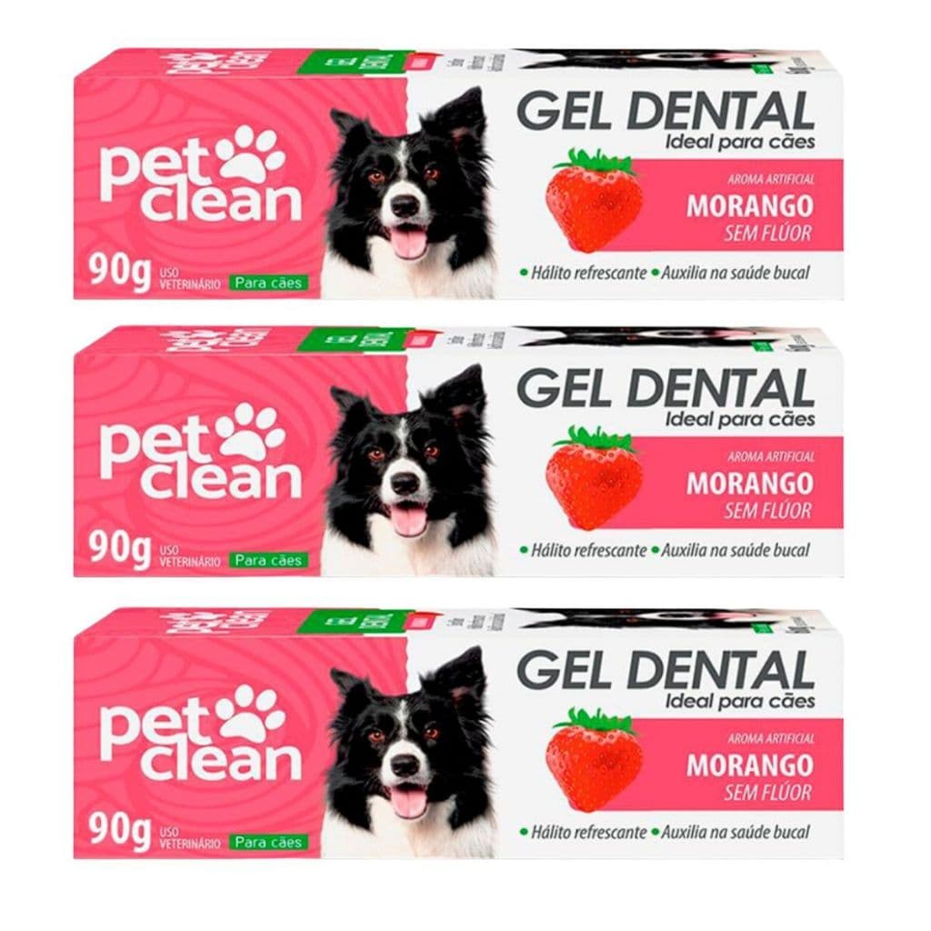 Kit 3 Pasta de Dente Cães e Gatos Pet Clean Gel Dental 90g - Morango