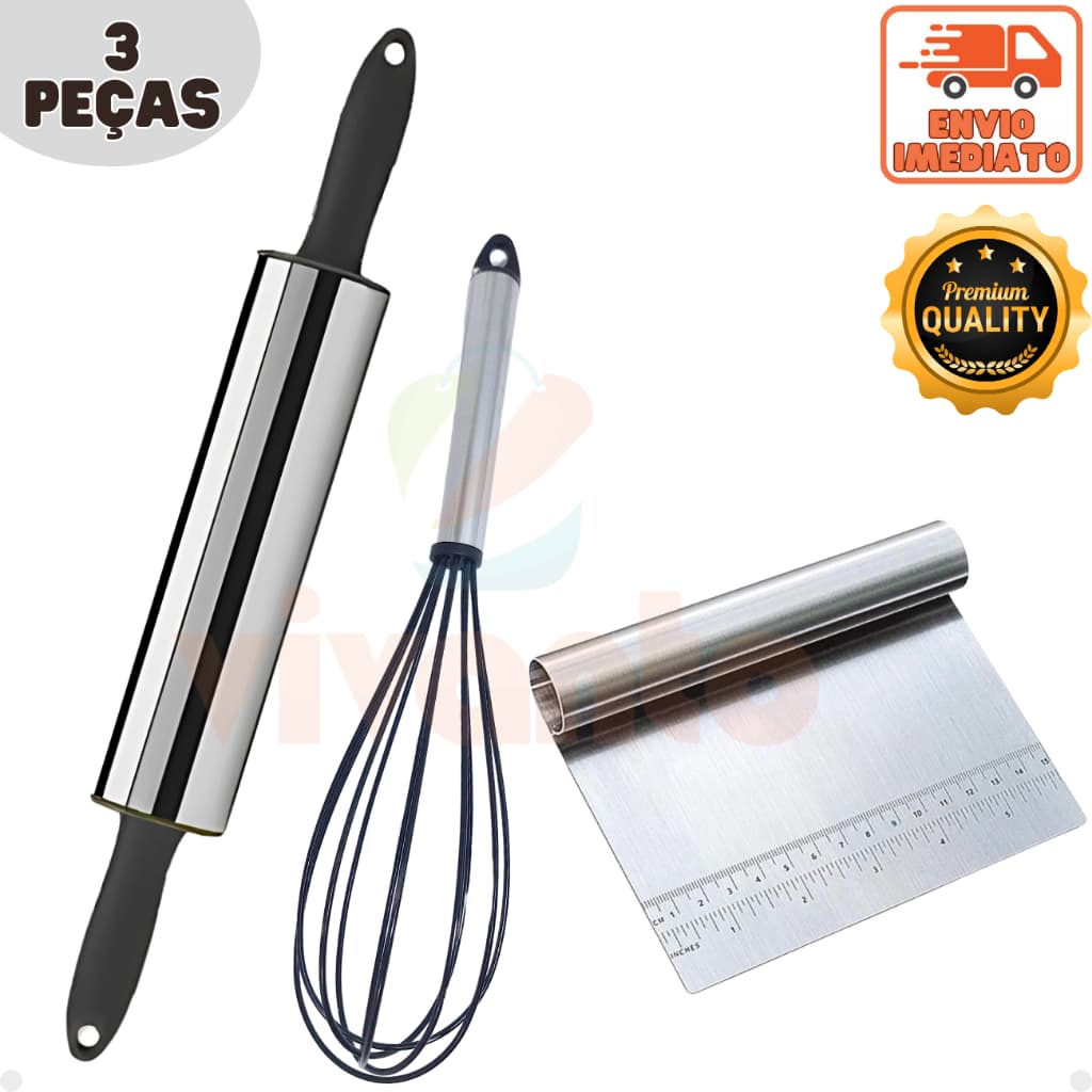 Kit 3 Peças Utensílios para Cozinha Rolo de Massa, Fue Silicone, Espátula Tubular Inox Resistente