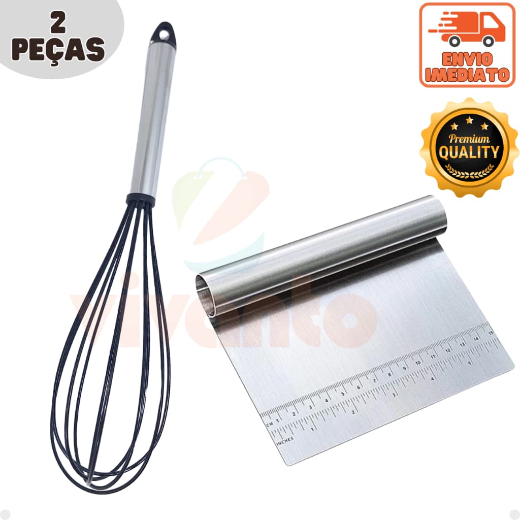 Kit Fue Silicone 30 cm e Espátula Tubular Aço Inox com Medidor Premium Utensílios para Cozinha