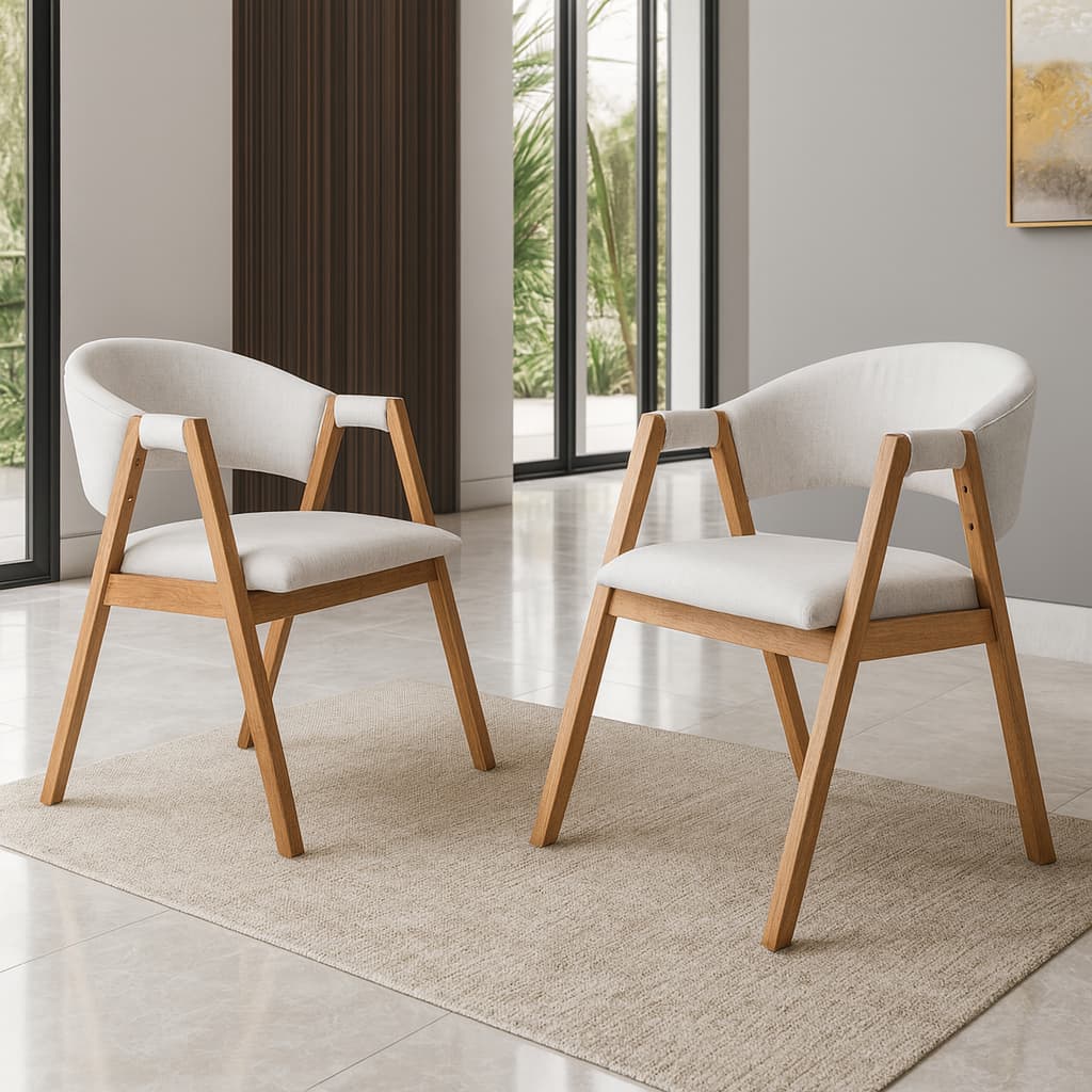2 Cadeiras Estofadas Poltronas Alto Padrão Linho & Madeira Decorativas Resistentes Cor Cinza