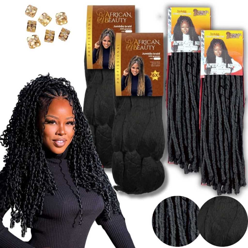 Kit Gypsy 2 Cabelo Jumbo + 2 Nina Softex + African Beauty + Aneis de Brinde
