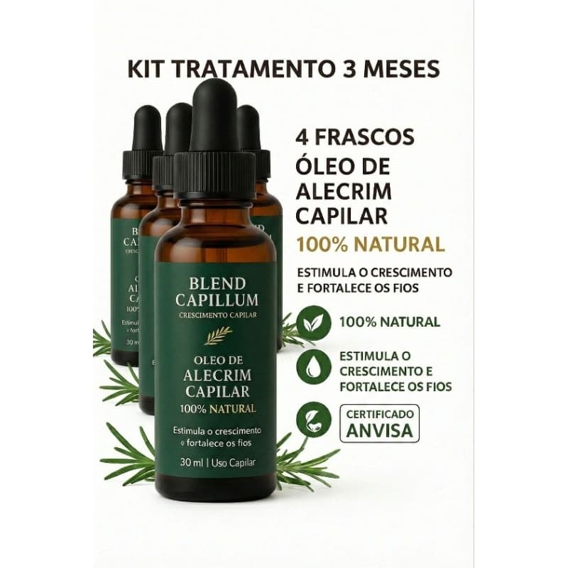 Kit 3 Meses – Óleo de Alecrim Capilar 100% Natural (4 Frascos) Crescimento e Fortalecimento dos Fios Certificado ANVISA