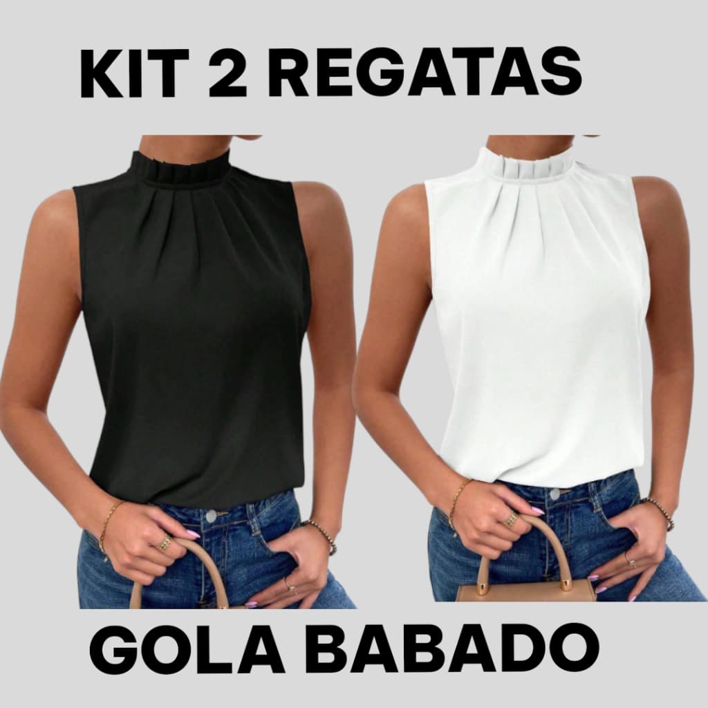 Kit 2 Regatas Feminina Blusa Estilosa Gola Babado plissada Elegante social Escritório Festa
