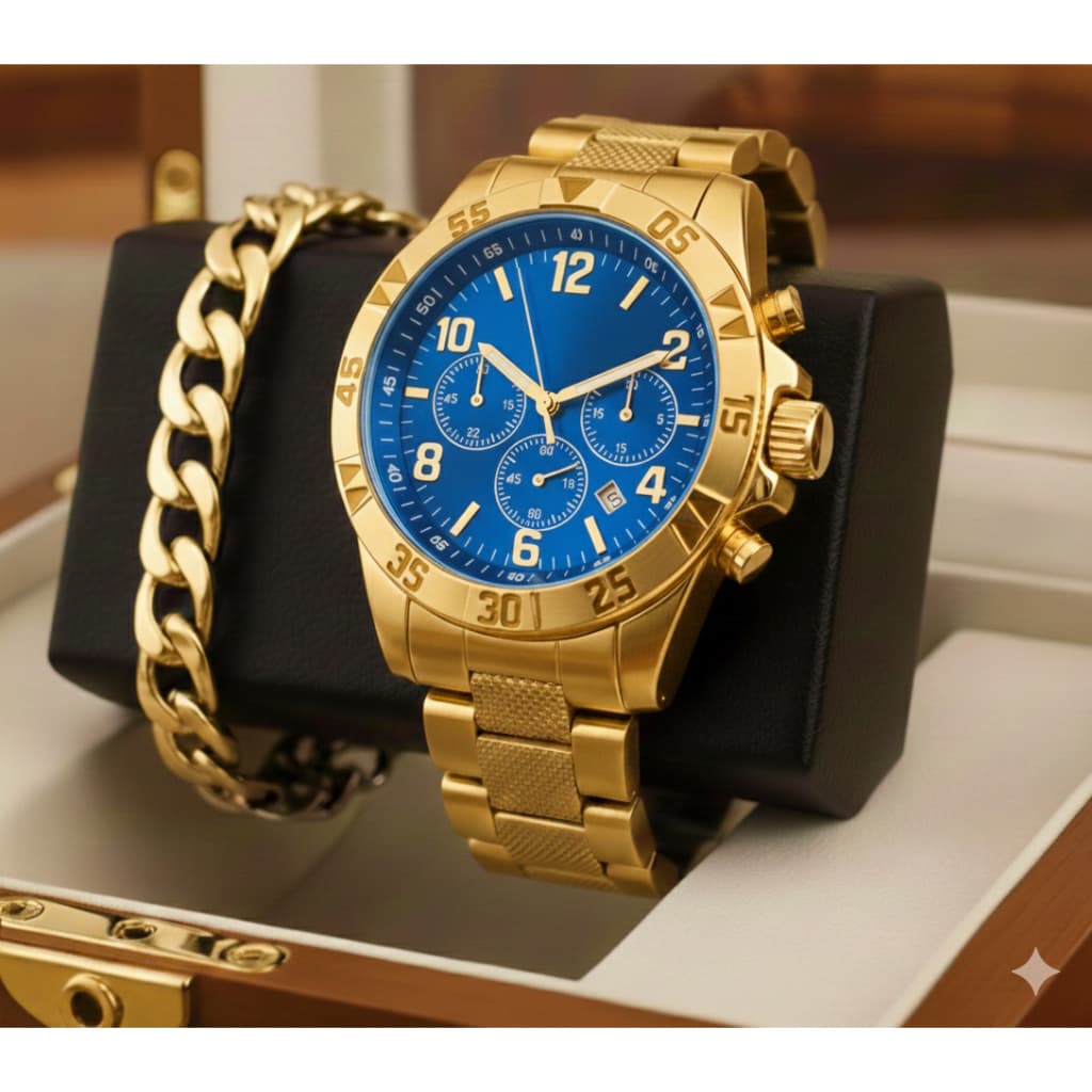 [Relógio + Pulseira] Conjunto de pulseira + relógio empresarial de quartzo aço inoxidável masculino