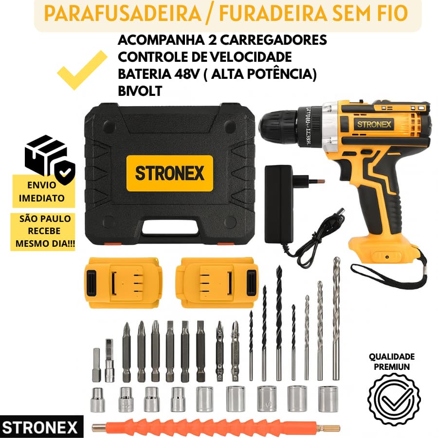 PARAFUSADEIRA FURADEIRA 48V COM DUAS BATERIAS ALTA POTENCIA PORTATIL SEM FIO BIVOLT PARAFUSA BROCA PREMIUM COMPLETA