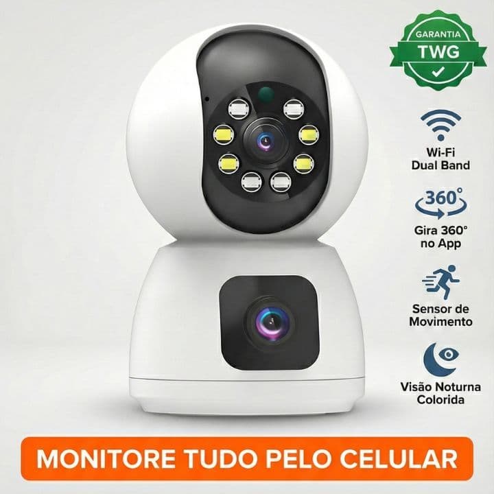 Câmera de Segurança Wifi Robô Dupla Lente Full HD 360 Sensor Movimento App Celular Visão Noturna TWG