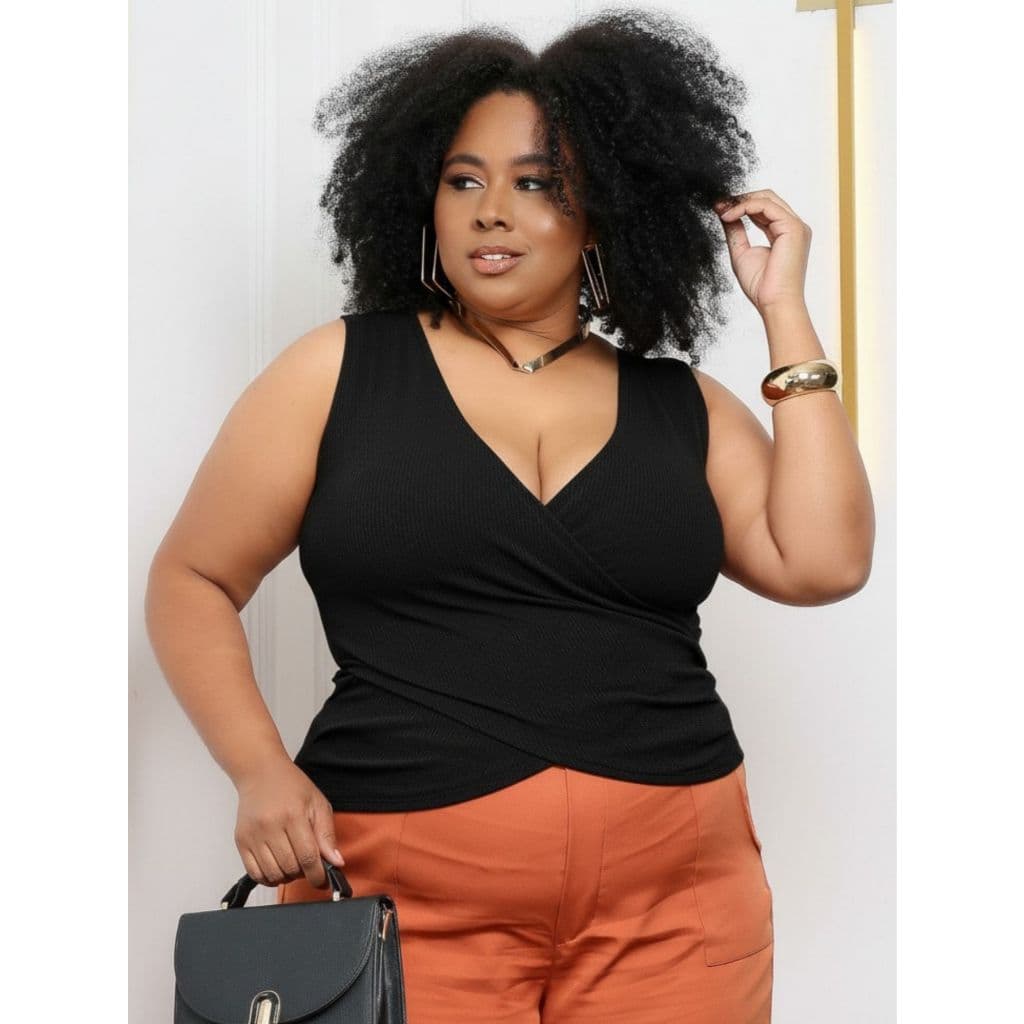 Blusa Plus Size transpassada regata alça decote V, tecido Anarruga Premium, GG 42-48, elegante canelada festa dia a dia
