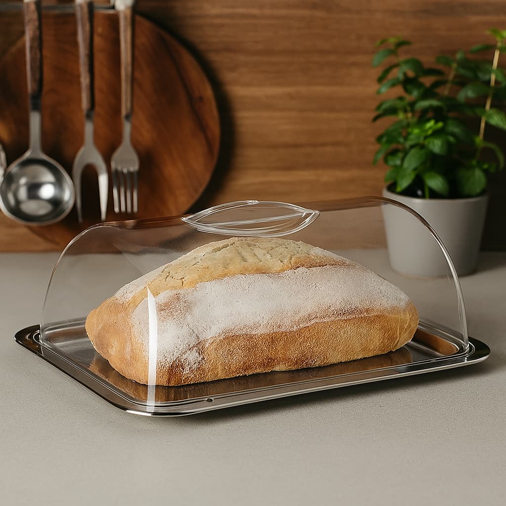 Porta Pão Bolo Aço Inox Boleira Qualidade Tampa Acrílico Transparente Prático Hotel Mesa Cozinha
