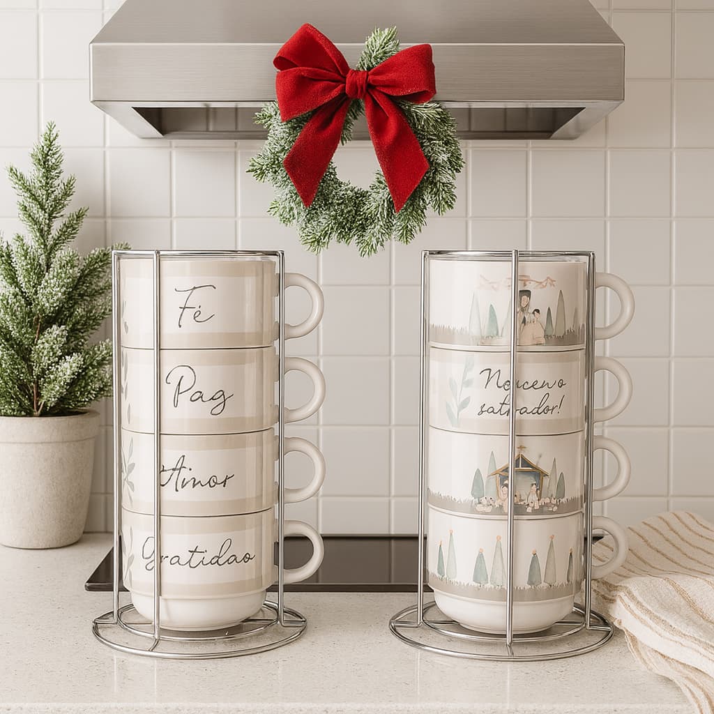 Xicaras para cafe Natal Empilhável 200ml Decoração Natalina Caneca Personalizada