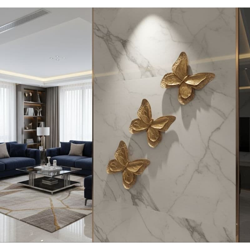 3-Borboletas Douradas  para Parede – Escultura Decorativa Luxo  Premium Sala Quarto Hall