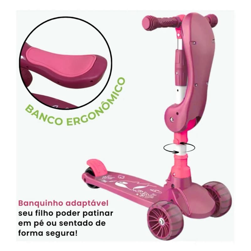 Patinete Infantil Dobrável com Rodas LED - 60kg Modelo 3 Rodas 2 em 1
