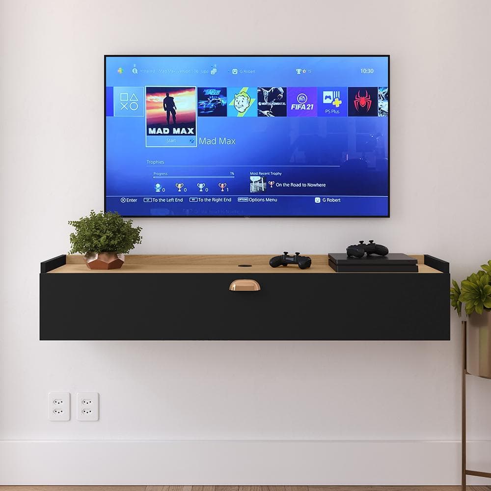 Rack de Parede Suspenso 90cm com Nicho e Porta para Sala Quarto TV até 32”