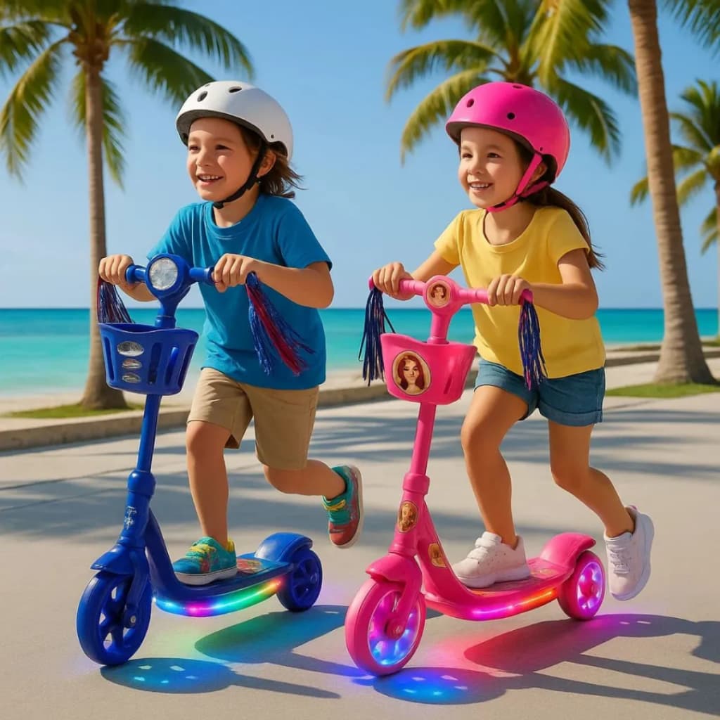 Kit 2 Patinete 3 Rodas Infantil Dobrável Azul Menino e Rosa Menina com Som e Luz Colorido