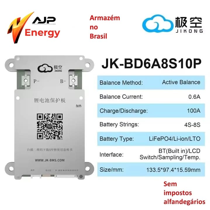 Bms Jk b06a8s10p 100Ah 3s 4S 5S 6S 7S 8S 12v 24v bateria equilíbrio ativo lifepo4 li-ion lto