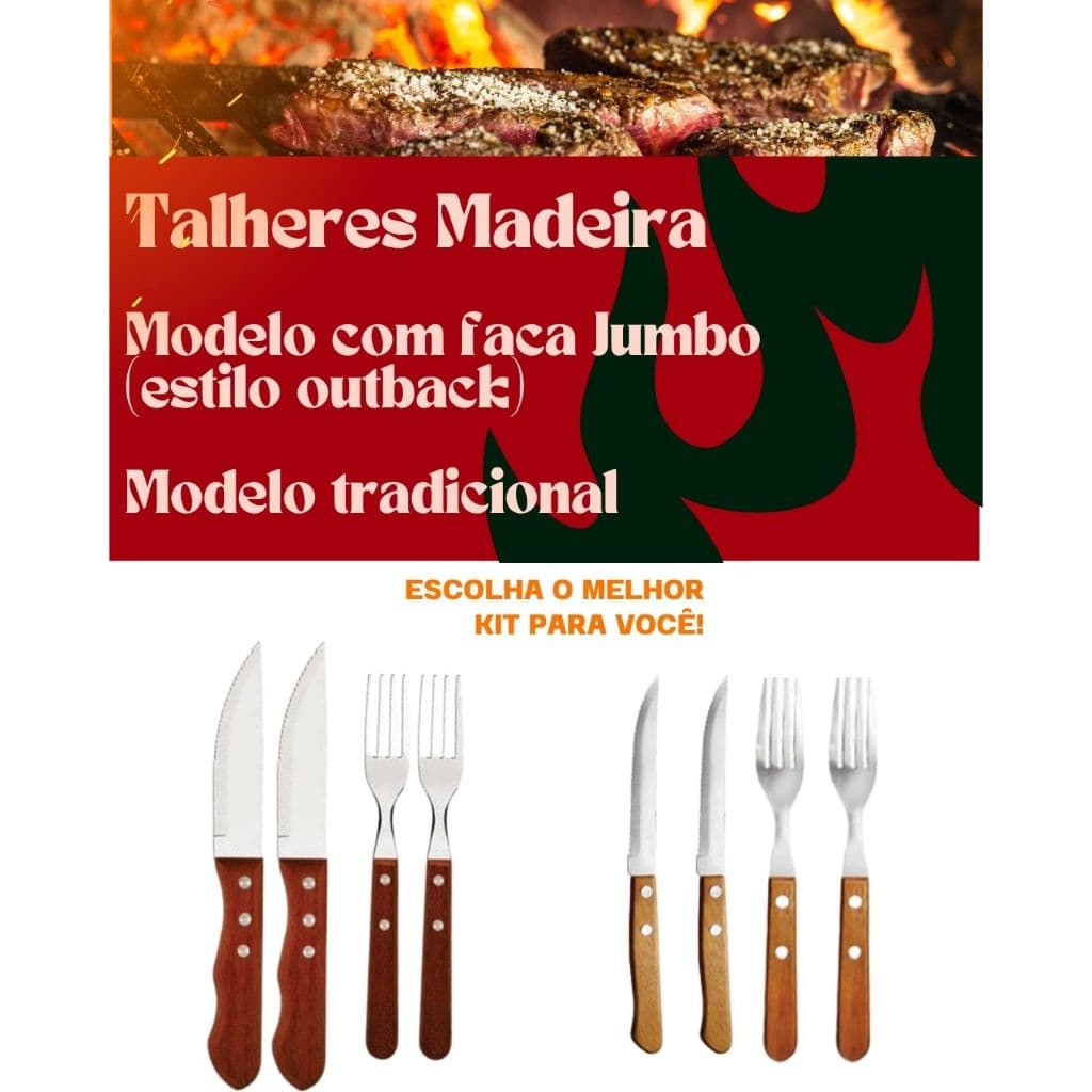 08 ou 12 TALHERES MADEIRA PARA CHURRASCO FACA E GARFO - FACA JUMBO (ESTILO OUTBACK) OU TRADICIONAL