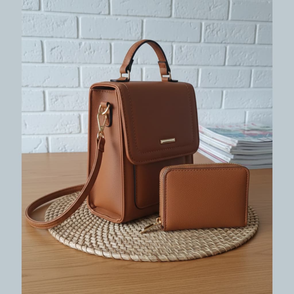 Bolsa feminina Transversal de Couro + Carteira Bolsa Pequena de Ombro Luxo Dia a Dia  Alça Ajustável Kit Completo fulll