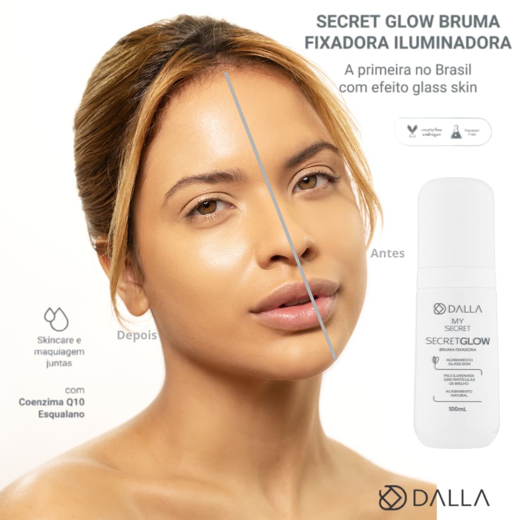 Bruma Fixadora e Iluminadora de Maquiagem Efeito Glass Skin Secret Glow Fixador Maquiagem Secret Fix Dalla - Escolha