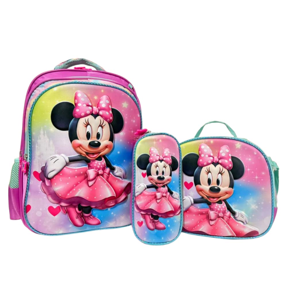 Kit Mochila Minnie 3D Escolar Feminina Infantil + Lancheira Térmica + Estojo