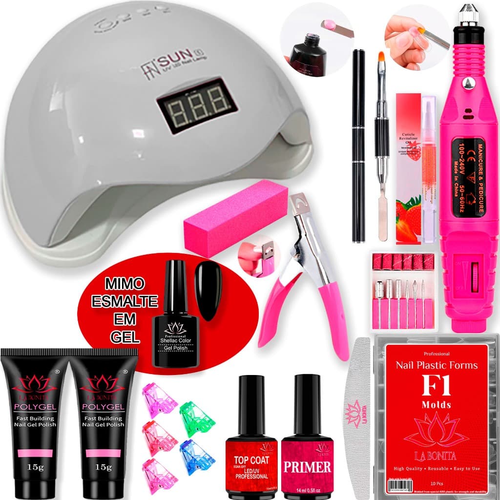 KIT MANICURE SUPER PROFISSIONAL – ALONGAMENTO, BLINDAGEM + CABINE 48W GEL OU POLYGEL