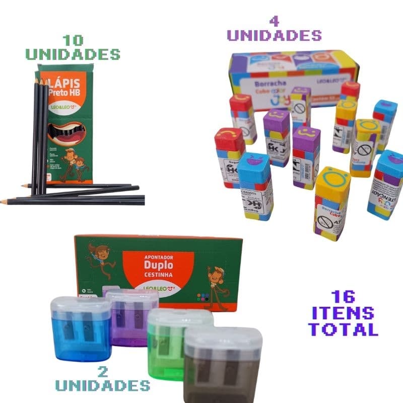 Kit Escolar Leo&Leo: 10 Lápis Preto HB escrever + 2 Apontador Duplo + 4 Borracha Colorida Infantil