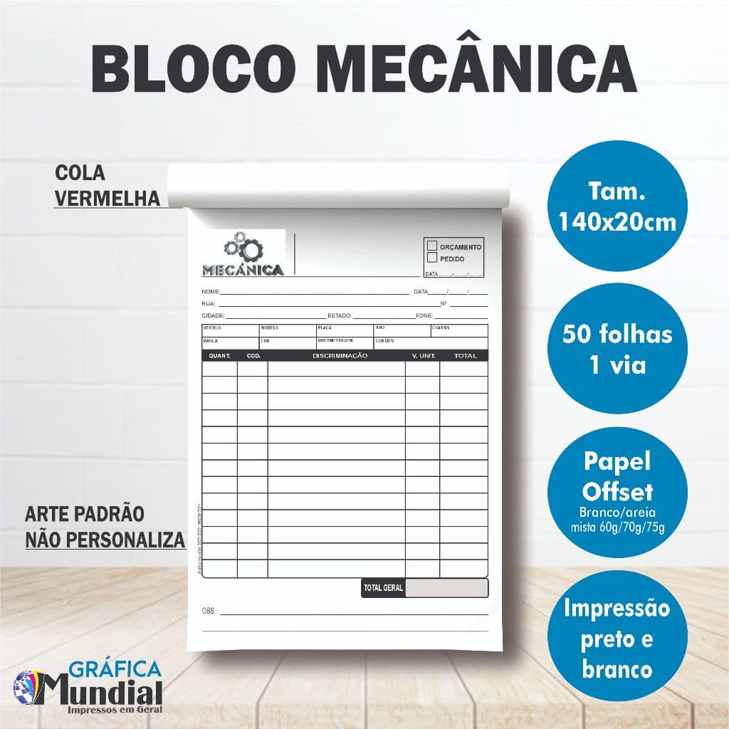 Talões Mecânica Carro e Moto 50folhas bloco 14x20 Ordem de serviço Padrão Papelaria Anotações