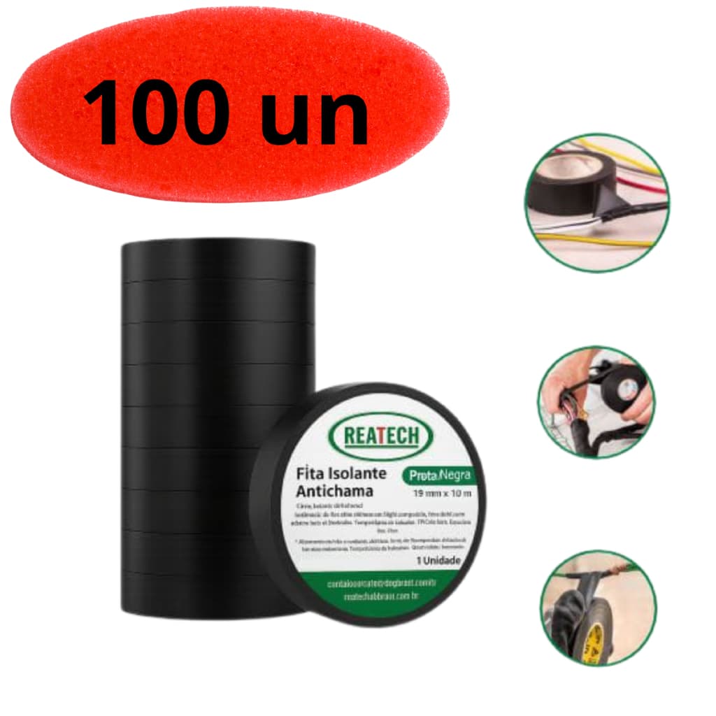 100un un Fita Isolante 10m Caixa com 100 Fitas Anti-chama Atacado Reatech. Caixa com 100un