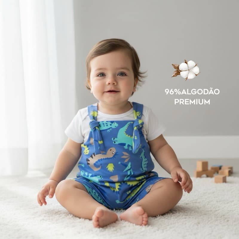 jardineira macacão curto verão menino bebê em algodão premium com body