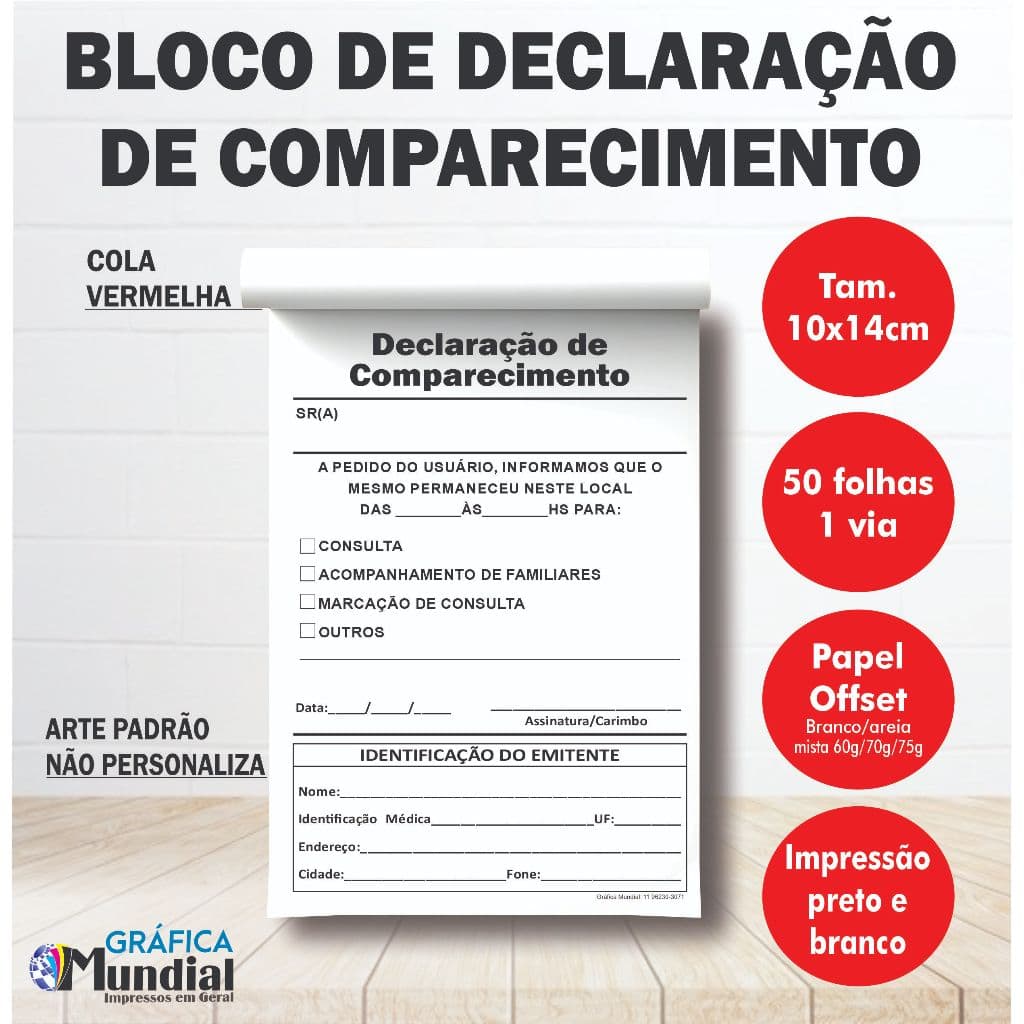 Blocos Declaração de Comparecimento 10x14 50folhas Clínica Médica Dentista fonoaudiologia Papelaria