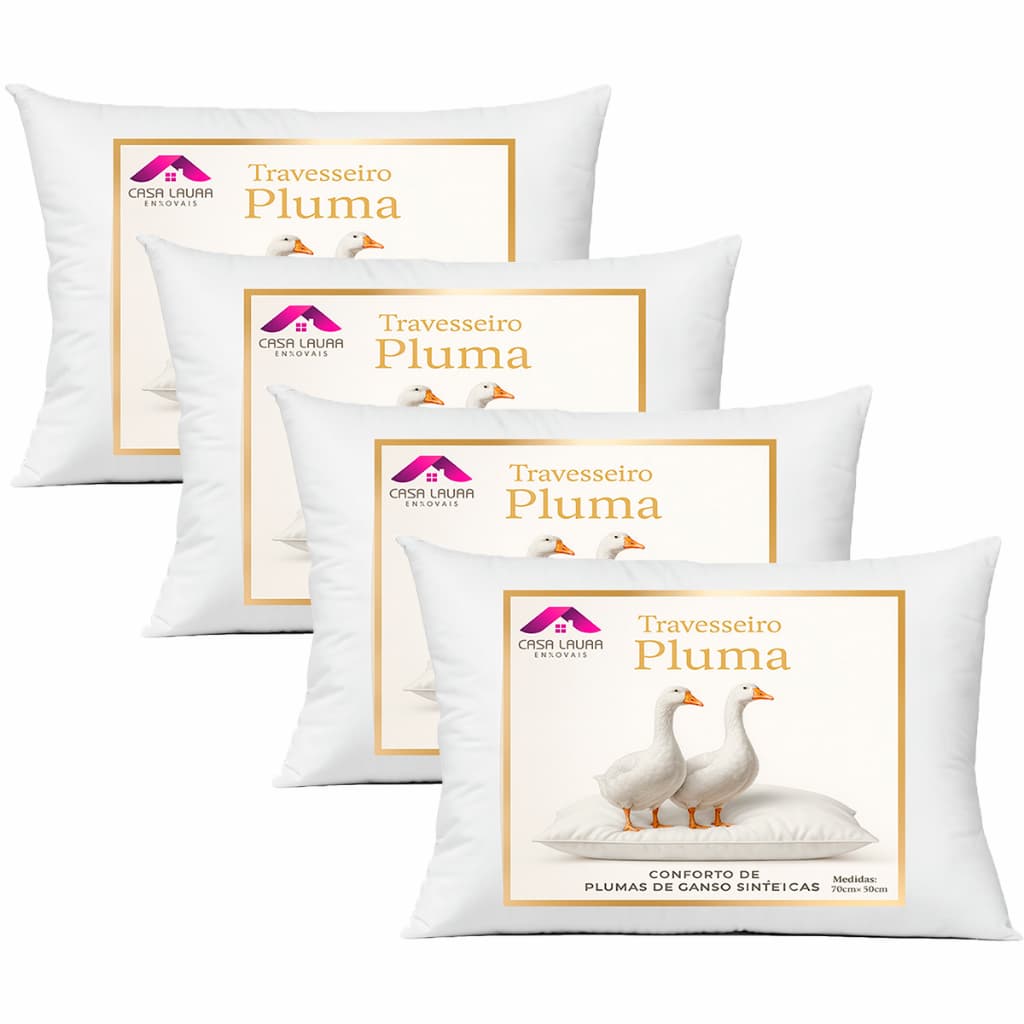 Kit 4 Travesseiro Pluma de Ganso Luxo Descanso Antiacaro 70x50cm Toque Macio Sintético