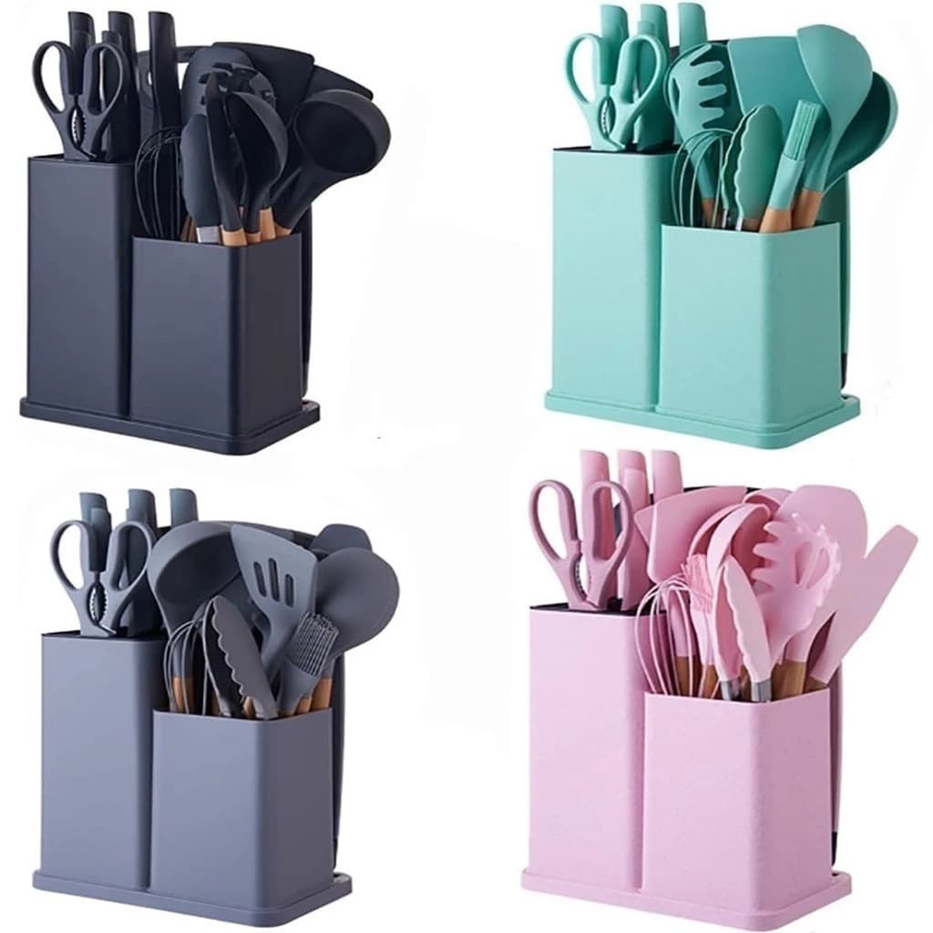 Kit Completo Jogo de Cozinha Luxo 19 Peças Com Tábua em Silicone Espátula Faca Tesoura Utensílios Cinza Preto Bege