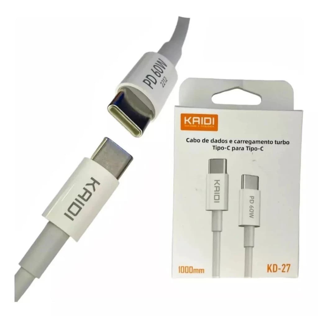 Cabo de Dados e Carregamento Turbo Tipo-C para Tipo-C KAIDI KD-27 Potência Máxima: 60w
