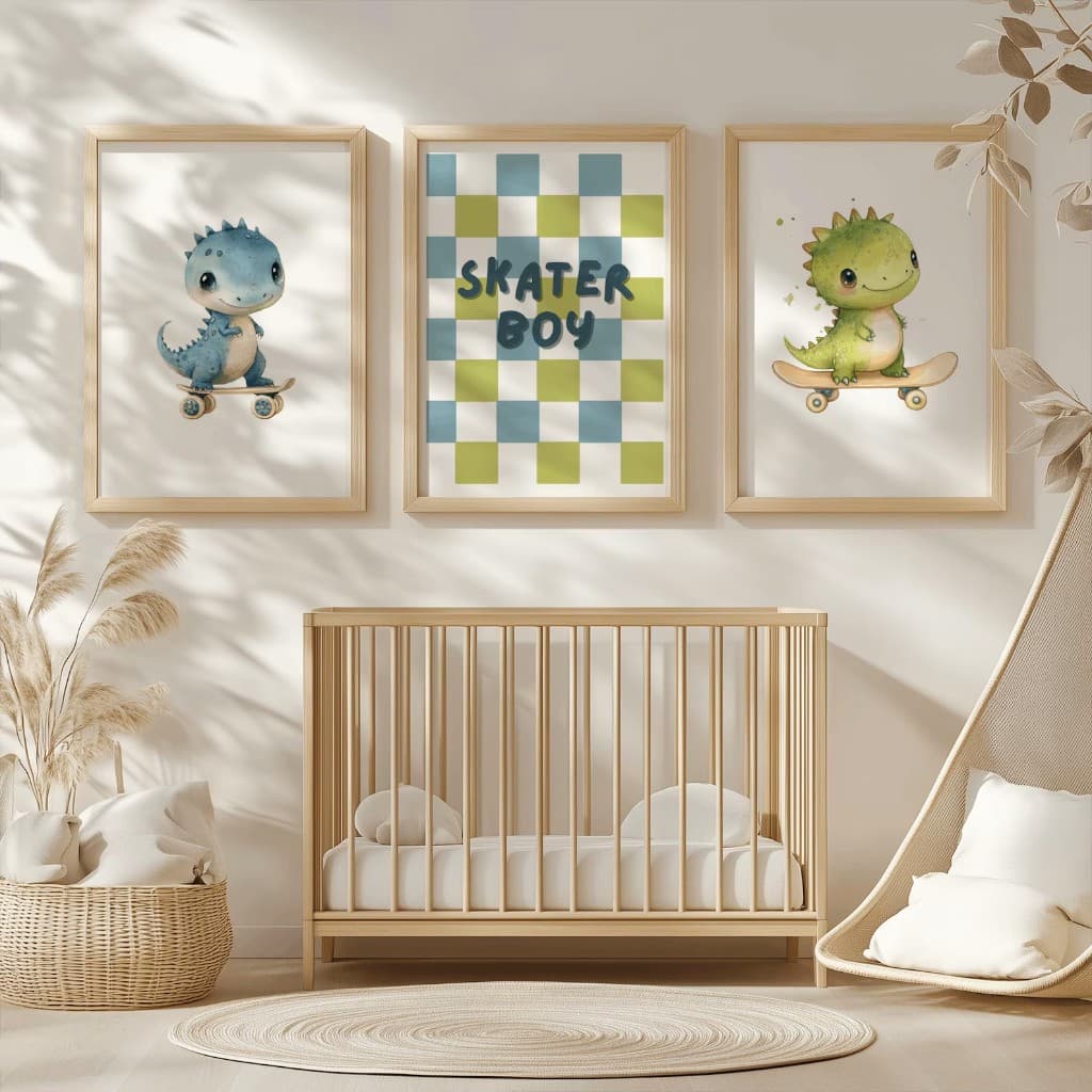 Kit 3 Quadros Decorativos Infantil | Dinossauro | Quarto Bebê Menino - Dino Skate No2