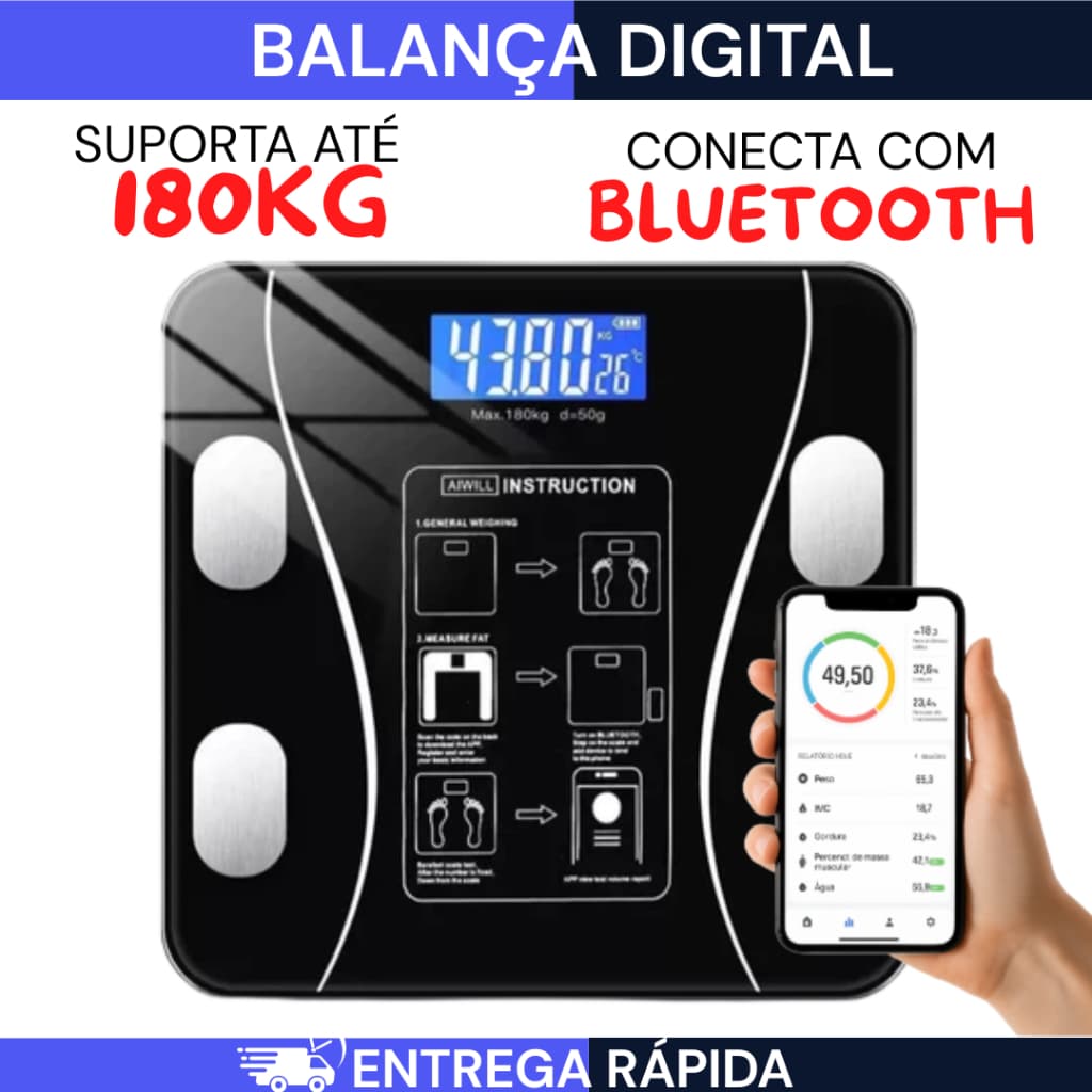Balança Inteligente com Bioimpedância App Integrado e Capacidade de até 180kg Balança Bluetooth