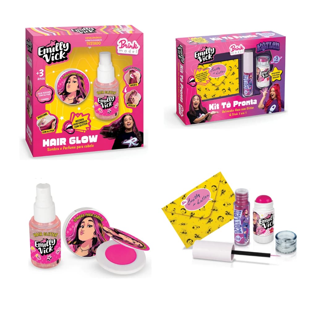 Kit Hair Glow Emilly Vick Dos Rosa Maquiagem+Kit Tô Pronta Emilly Vick E Katlen Dos Rosa - Brink Model