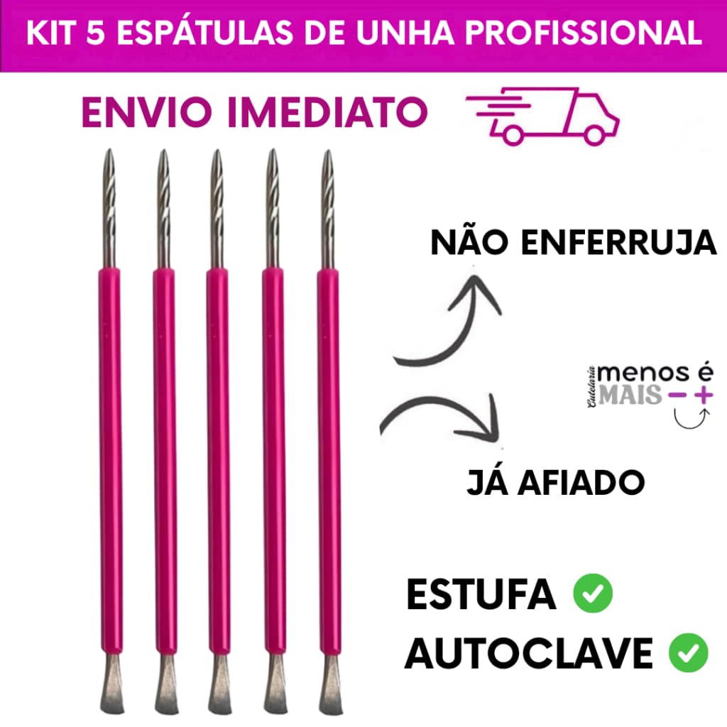 Kit 05 Espátulas Slim -  Bastão Mista Unha Inox ROSA  Cutelaria Manicure