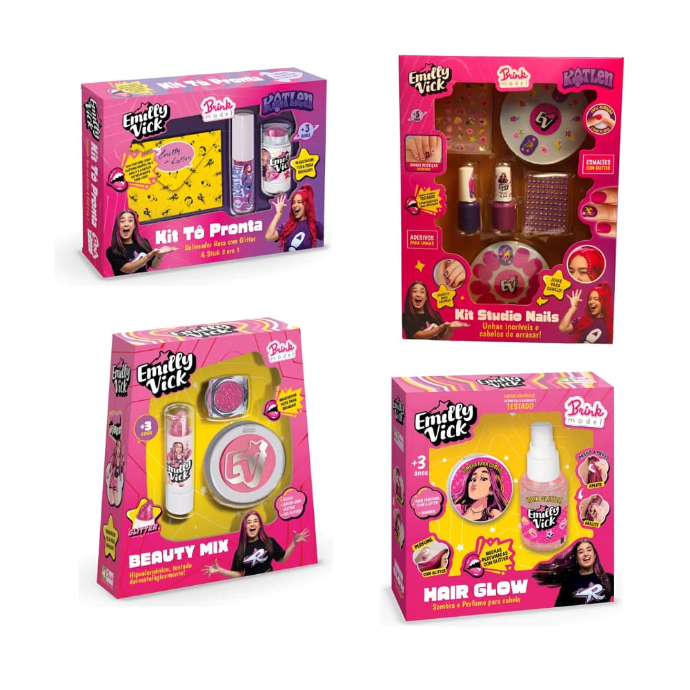 Kit Completo 4 em 1 Emilly Vick & Katlen dos Rosa – 1 Hair Glow, 1 Beauty Mix, 1 Tô Pronta e 1 Nails - Brink Model