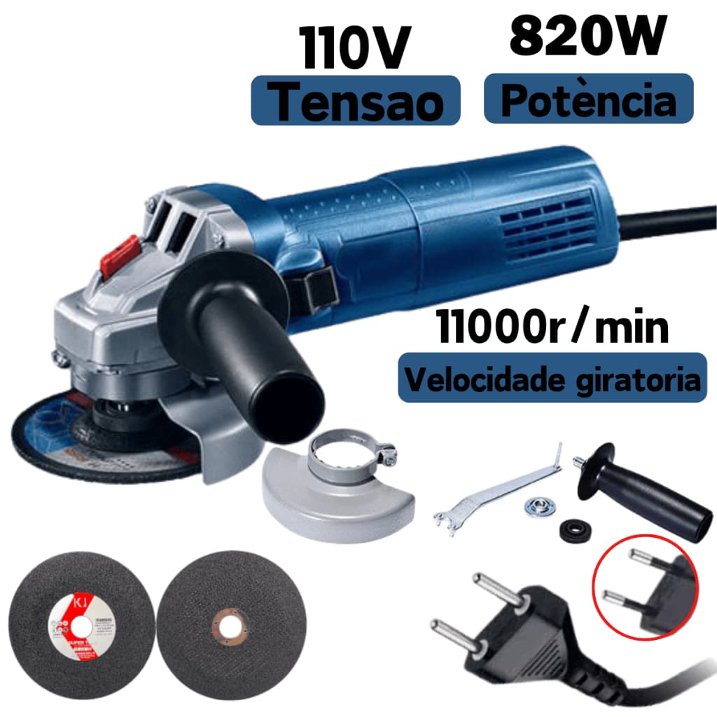 Esmerilhadeira Angular 820W 115mm 4.1/2 11000RPM 110V  Kit Completo c Disco e Proteção