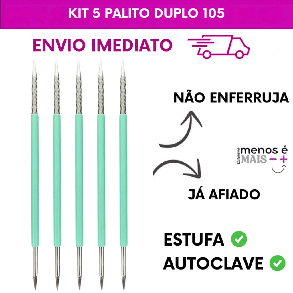 Kit 5 Palito Duplo 105 Cutícula Manicure Pedicure Cutelaria Unha verde Silicone Esterilizável Inox Slim